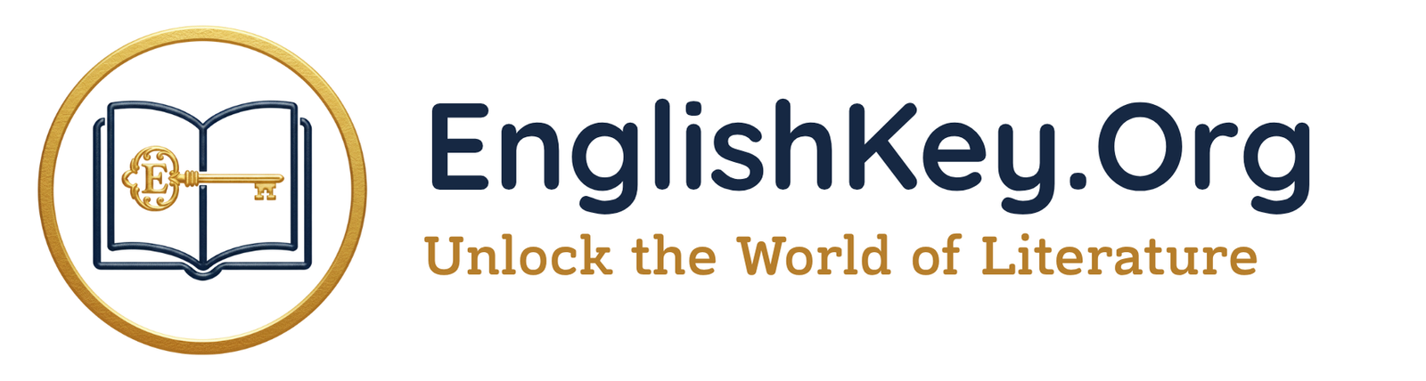 Logo for EnglishKey.Org featuring an open book with a golden key, and the tagline 'Unlock the World of Literature'.